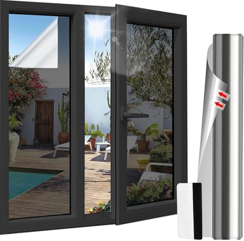 Antrect Spiegelfolie Fenster Sichtschutz 80x200 Sonnenschutzfolie Fenster innen, UV Folie Fenster Hitzeschutz, Thermofolie Fenster gegen hitze mit Messer für Wohnzimmer, Büro, Schwarzsilber