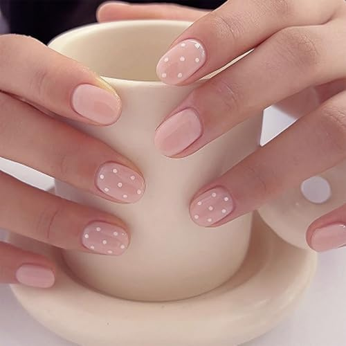 24Pcs Pink Press On Nails – White Polka Dot Short Round Fake Nails, Glossy Nude Pink Acrylic Press Ons, Cute Nails for Women