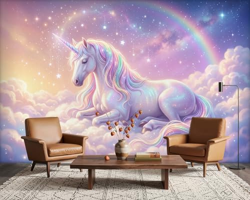 PaxGloz Magical Unicorn and Rainbow Wallpaper, Dreamy Pastel Clouds Fairy Tale Wall Mural for Girls Bedroom Kids Playroom Baby Girl Room Nursery, Non-Woven Decorative Wall Art 150x105 cm
