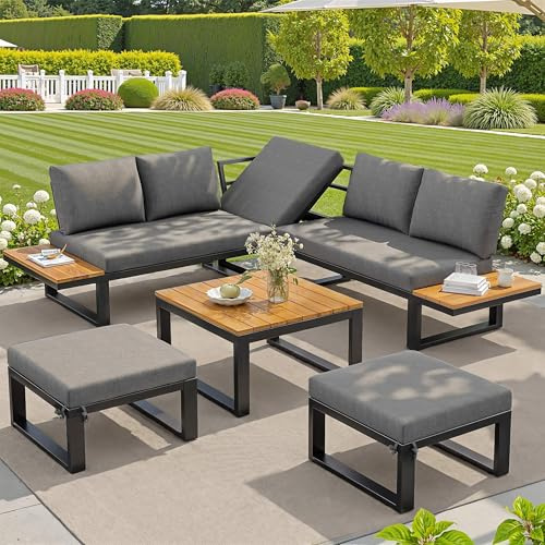 Lahoomu 6-teiliges Gartenlounge-Set mit Verstellbarer Rückenlehne, Ecksofa mit Couchtisch & Hockern, wetterfestes Stahlgestell, Sitzkissen in Gray, Outdoor Lounge für Balkon & Terrasse