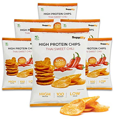 Supplify 6x50g High Protein-Chips vegan mit Thai Sweet Chili Geschmack - Low Carb Eiweißchips zum Abnehmen - Proteinchips kalorienarm, Fitness Snack Alternative