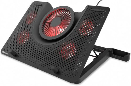 Laptop Kühler 17,3 Zoll, 5 Lüfter, 44,1 CFM, USB, Cooling Pad, Schwarz | Laptop Cooling Pad mit 5 Lüftern, 5-stufiger Höhenverstellung, roter Beleuchtung und Handyhalter für Notebooks bis 17,3 Zoll