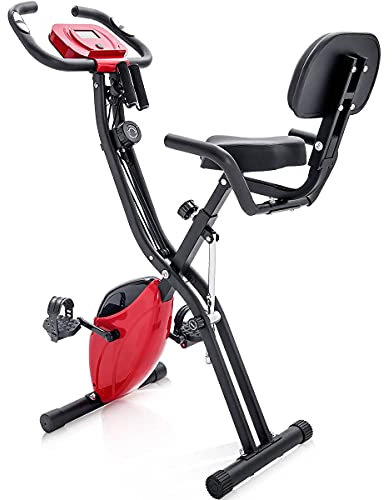 Merax Heimtrainer Fahrrad Klappbar, Fitnessbike mit 10 Widerstandsstufen und Expanderbänder Cycling Bike, Faltbarer Hometrainer Fitnessfahrrad Trainingsgerät klappbar X-Bike Faltbares - Weiss (Rot)