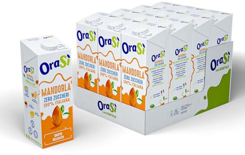 OraSì Bevanda di mandorla zero zuccheri (1 litro, 12 unità) - Alternativa vegetale al latte con mandorle italiane - Senza lattosio e glutine - Naturale e leggera - Per ricette vegane, dolci e salate