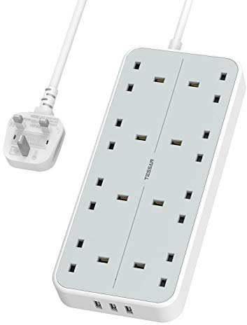 Extension Lead with 3 USB Slots, TESSAN 8 Way Extension Plug Sockets with 2M Cable, 13A Wall Mounted Multi Plug Power Cord, Power Strip for Home, School Supplies