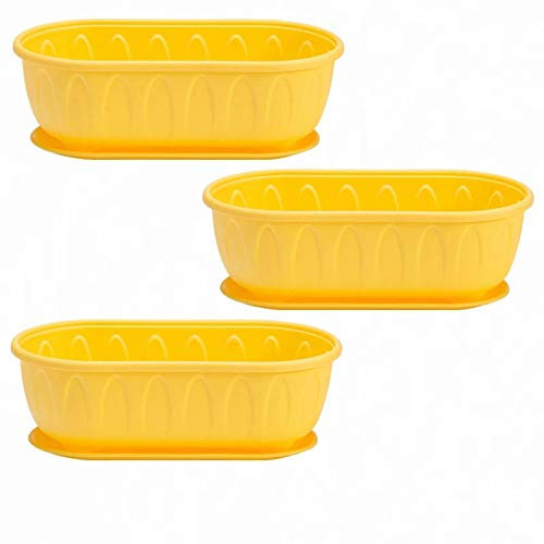 Lot de 3 jardinières en plastique de 48,2 cm avec plateau attaché, pot de fleurs pour rebords de fenêtre, terrasse, jardin, balcon, porche, jaune