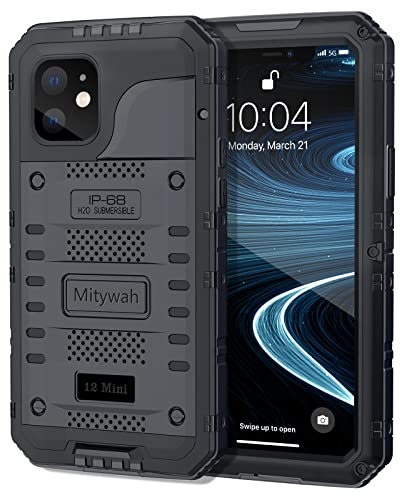 Mitywah Waterproof Case for iPhone 12 Mini, Heavy Duty Military Grade Case with Built in Screen Protector, Dust Proof Shockproof Metal Case 5.4 inch, Black