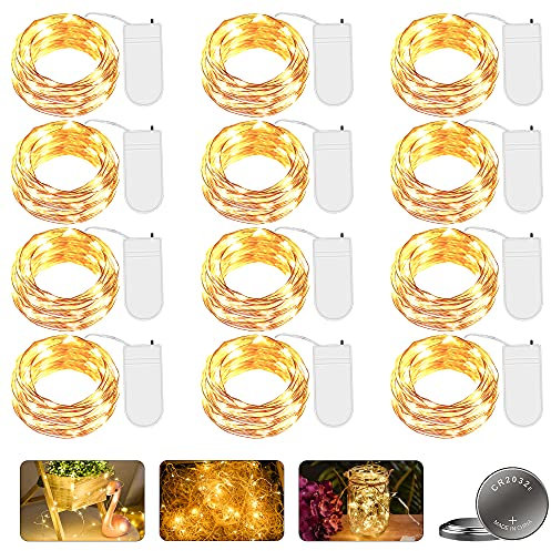 12 Stück LED Lichterkette Batterie, 2M 20er LED Kupfer Drahtlichterkette Lichterkette Batteriebetrieben IP65 Wasserfest Fairy Light für Party Weihnachten Hochzeit Beleuchtung Deko
