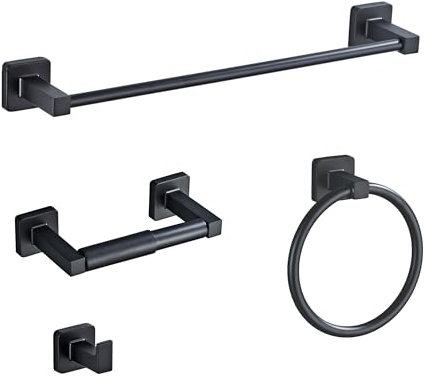 Set di 4 accessori da bagno nero opaco, set di barre portasciugamani in acciaio inox da parete, include barra portasciugamani da 40,6 cm, anello per asciugamani, ganci per accappatoio, porta carta