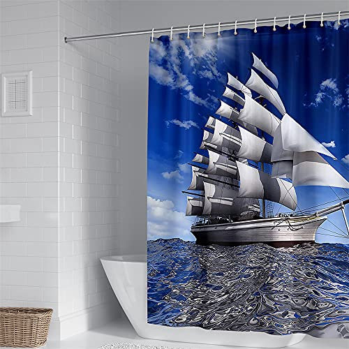 Hiseng Shower Curtains 3d Sailboat Printing, Waterproof Bath Curtain Washable Polyester Decorative Bathtub Stall Bathroom Curtain, Includes 12 Hooks (White boat,180x180cm)