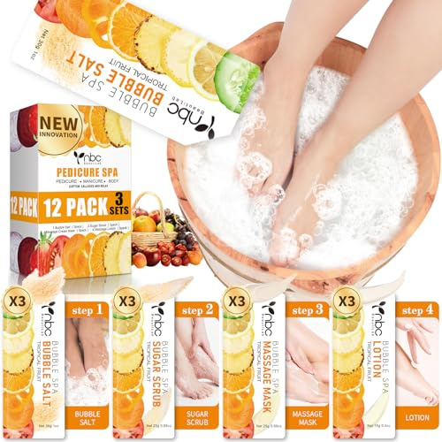 nbc BeautiLab Pedicure Kit Foot Soak Set: Bubble Salt, Sugar Scrub, Massage Mask, Massage Lotion in a Box, 4 Step Foot Spa Kit for Dry Feet,Tired Feet（3 Set Tropical Fruit)
