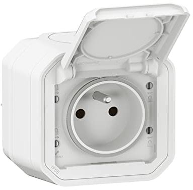 LEGRAND - Toma impermeable IP55 con tierra Plexo, toma 2P+T 16A completa con persiana, para colocación en aparente, fabricado en Francia, color blanco