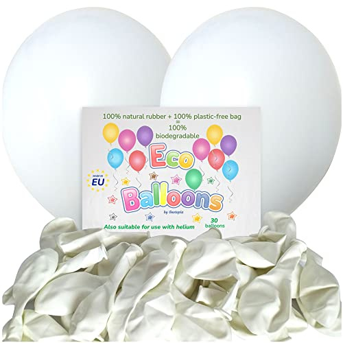 Lot de 30 grands ballons de fête biodégradables à l'hélium – Ballons blancs de 30,5 cm – Ballons respectueux de l'environnement fabriqués en caoutchouc 100 % naturel et emballés dans un emballage