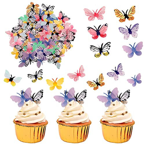 MEISO 72 Stücke Essbare Schmetterlings-Kuchen-Deckel, Bunte Oblatenpapier-Dekorationen für Hochzeit, Geburtstag, Party Lebensmittel Dekoration