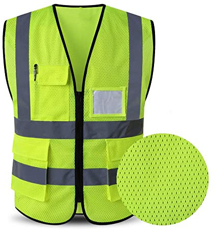 ETTBC Gilet di Sicurezza Riflettente Gilet di Sicurezza Riflettente con Tasche e Cerniera, Strisce Riflettenti ad Alta visibilità, Multi Tasche Gilet in Rete ad Alta visibilità Regolabile