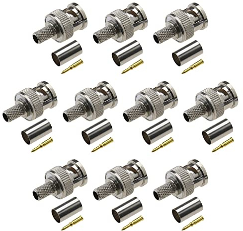 10 Sätze BNC Crimpstecker mit Messing-Zentralstift Koaxialstecker Kamera Crimpverbinder 50 Ohm für RG59 RG62 Koaxialkabel