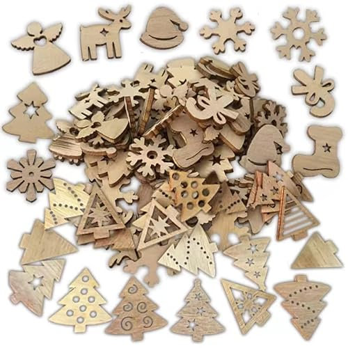 200st Anhänger Holz Weihnachtsdeko Basteln für Weihnachten Geschenke DIY Handwerk Geschenkbox Adventskalender Säckchen Weihnachtskalender Dekohänger Weihnachtsbaum Christbaumschmuck