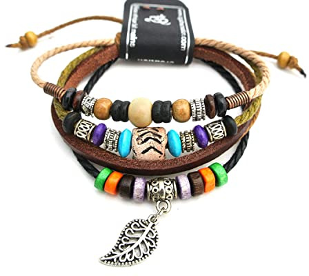 agathe création N-2129 Armband aus Leder und Hanf – Anhänger Blatt – handgefertigt, Leder Holz