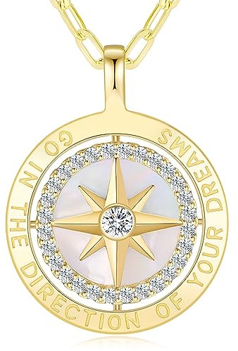 LOUISA SECRET Gold Halskette Damen Silber 925 Kompass Kette Anhänger Weißer Zirkon Schmuck Damen Geschenk für Sie Frau Freundin an Geburtstags Weihnachten Valentinstag