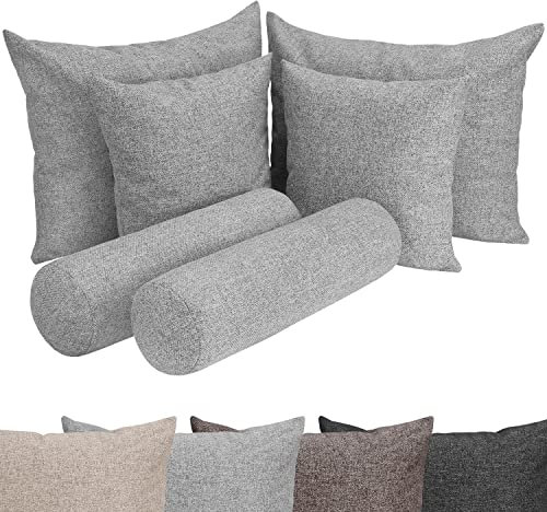 Selfitex Großes 6-teiliges Boxspringbett Kissen Set, 2X 60x80/2x 50x50/2x Nackenrolle 19x65, Sofakissen inkl. weichen Füllkissen, stilvolles Dekokissen Set für Bett und Sofa (Grau)
