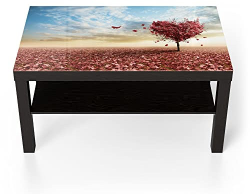 DEQORI Glastisch | schwarz groß 90x50 cm | Motiv Herzförmiger Laubbaum | ausgefallener Beistelltisch aus Glas | Hochglanz Couchtisch fürs Wohnzimmer | moderner Couch Tisch mit Design