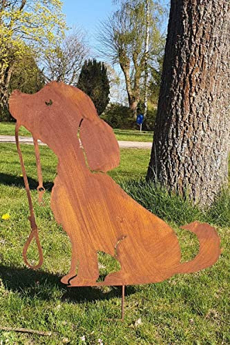 KUHEIGA Gartenstecker Hund Tier Metall Rost Höhe: 73cm Gartenfigur Gartendeko Hund Gassi