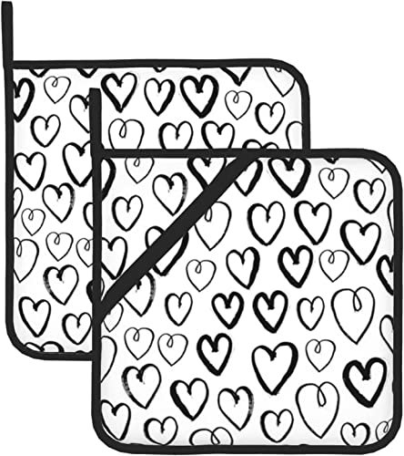Presine Set Di 2,Cuore Nero Bianco Resistente Al Calore Presina Da Cucina Antiscivolo Cuocere Cuocere Pad Caldo 20,5x20,5 cm
