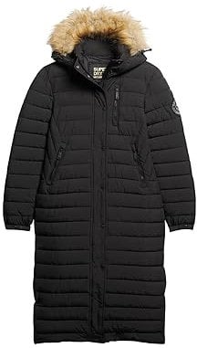 Superdry Damen Lang geschnittener Fuji Steppmantel mit Kapuze Schwarz 36