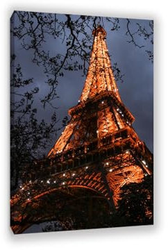 MOBYAT Leinwandbilder Bild auf Leinwand，Der Eiffelturm ist nachts beleuchtet,Wandbild Kunstdruck Wanddeko Wand Wohnzimmer Wanddekoration City Architektur Panorama50x80cm(20x31in) Interner Rahmen