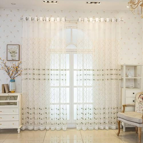 Homxi Balkon Vorhang Außen Transparent 2er Set,2 x 132W x 274H cm,Vorhänge Wohnzimmer Tüll Gold Blau Blumen Stickmuster Ösen Gardinen