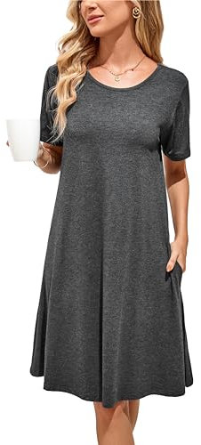 Sommerkleid Damen Knielang Casual T-Shirt Midikleid Kurzarm Loose Swing Freizeitkleid Jersey Dress Dunkelgrau L