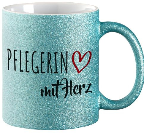 Huuraa Glitzertasse Pflegerin mit Herz Geschenk 330ml Blau Pflegerin Präsent