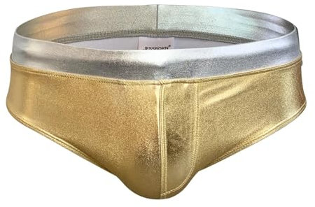 WOYUANSHA Badehose Boardshorts Schwimmhose Sexy Herren Glänzende Bademode Nylon Schnell Trocken Baden Badeanzug Niedrige Taille Badeslips Mode Männliche Tasche Trunks XXL Goldband