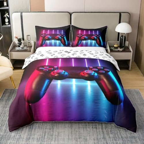 Loussiesd Gamepad Bettwäsche Set 135x200cm 100% Baumwolle Konsole Videospiel Bettbezug Set Gradient Neon Betten Set Gamer Gaming Gamecontroller Weich Raumdekoration 2St,Reißverschluss