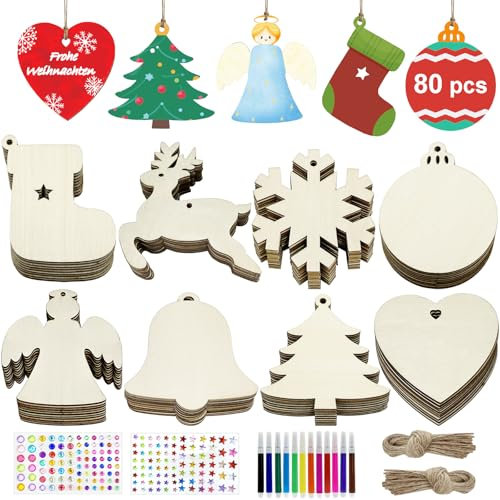 80 Pcs Wooden Christmas Ornaments, Hanging Christmas Tree Decorations Set, Pens, Gem and Star Stickers, Unfinished Wooden Xmas Decorations Wood Baubles Slices for DIY Crafts Gifts