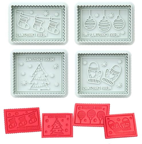 PTaizjjz Christmas Cookie Cutters,4PCS Christmas Cookie Stamps Set,Christmas Decorating Fondant Embossing Tool Plunger Cake Cutter for Christmas DIY Baking