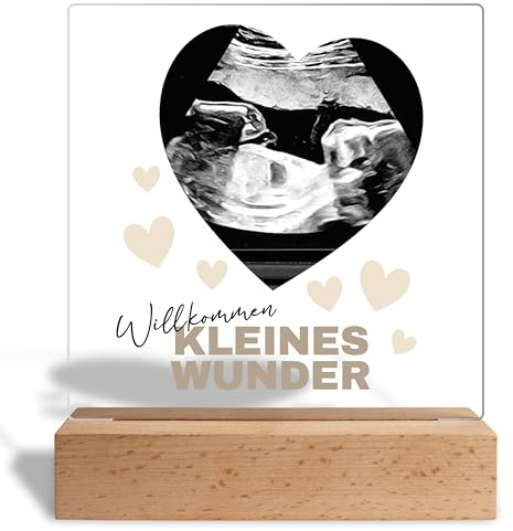 True Statements: Willkommen kleines Wunder Acrylglas-Aufsteller personalisiert mit Foto Ultraschallbild - Fotogeschenk Babygeschenk - 15x18 cm, inkl. Holzständer (Wunder Neutral) für Babyzimmer