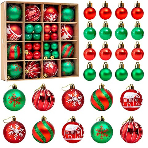 44 Stück Weihnachtskugeln Plastik 3/6CM Weihnachtsdeko Christbaumkugeln Set Kunststoff, Weihnachtsbaumschmuck mit Aufhänger Bruchsicher,Christmas Bälle Dekorationen für Weihnachts Party (Rot+Grün)