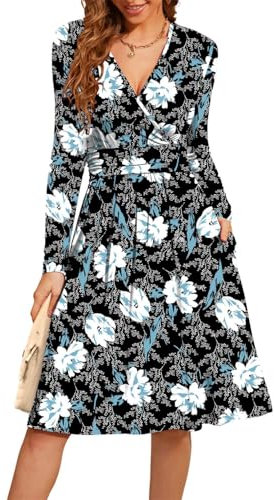 Actcat V-Ausschnitt Kleid Langarm Casual Kleider Herbst Floral Party Kleid mit Taschen herbstkleid Winterkleider Damen Festliche Kleider für Damen weihnachtskleid S