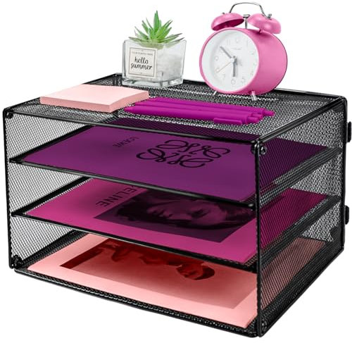 ideallife 3 Tier Mesh Desktop File Organizer, Paper Letter Tray Organiser, Mesh Desktop Storage with Sliding Trays for Home &Office Supplies(Black)