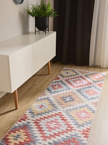 benuta Basic Waschbarer Teppich George - Multicolor/Beige 80x240 cm - Kunstfaser - Läufer & im Style: Kelim, Ethno-Style, Shabby Chic - Pflegeleicht für Wohnzimmer Schlafzimmer Flur