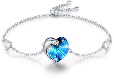 MEDWISE Delfin Anhänger Armband S925 Sterling Silber Delfin Armbänder Blau Kristall Verstellbar Herz Armbändchen Delfin Schmuck für Damen Mädchen Ehefrau Freundin Tochter Mama Geburtstagsgeschenk