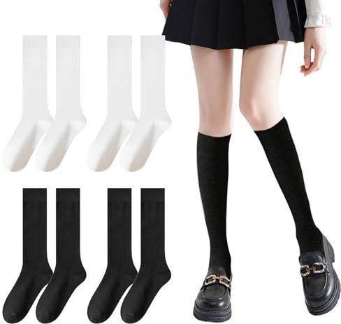 UILYNIU 4 Paia Calzettoni Donna in Cotone, Calzini Unisex Al Ginocchio, Invernali Lunghi Calzettoni, Calzettoni Traspiranti, Tinta Unita Alta Calze, Retro Casual Socks, Calze Sportive (Nero, Bianco)
