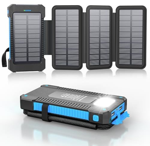 Solar Power Bank 26800 mAh with 4 Solar Panels, Power Bank USB-C Quick Charge for Compatible Phones, IPX7 Waterproof Outdoor External Batteries with Flashlight Light/SOS/Strobe