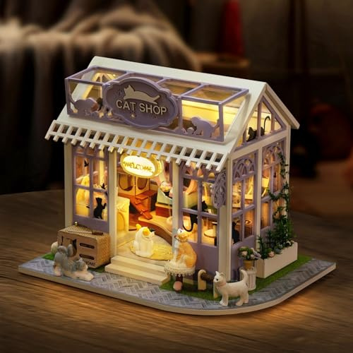 CUTEROOM DIY Puppenhaus-Bausatz aus Holz – Miniatur Katzenhaus CAT Shop“, Modellbau mit Möbeln-Set für Dekorationen & Geschenke