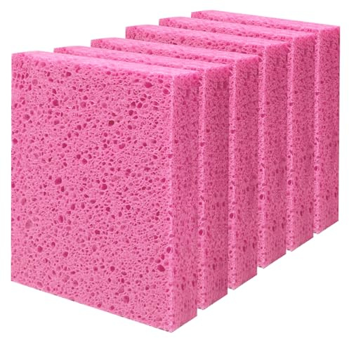 Cellulose Sponges, Large Size 4 x 6 - Heavy Duty Scrub Kitchen Sponge, Clean Tough Messes Without Scratching Kitchen Cleaning Pads, Pop Up Eco DIY (6 Pack), Pink