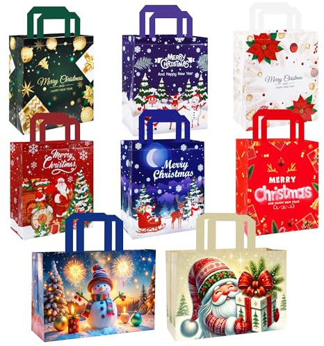 Large Christmas Tote Bags with Handle, 12 Pack Reusable Xmas wrapping Carrier Gift Bags,Waterproof Shopping for Christmas Presents Party Holiday Decoration multipack