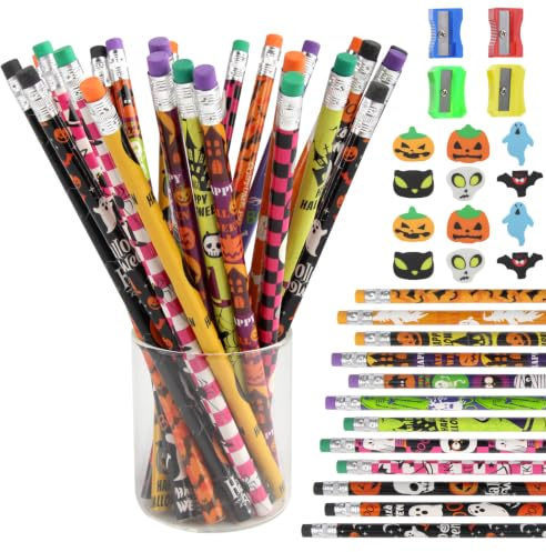 SJUNJIE 64 Matite Halloween Matite per Bambini Matites di Halloween Pencils | Matites di Halloween Pencils with Eraser Pumpkin Bat Ghost Design Pattern per la Pittura e la Scrittura Bomboniere Halloween