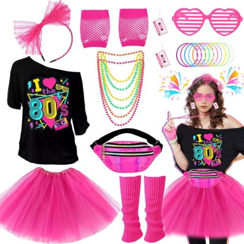 22Stück 80er Jahre Outfit für Damen, 80s 90s Kostüm Accessoires Set mit T-Shirt Tutu Gürteltasche Handschuhe Stulpen Stirnband Brille Ohrringe Halskette Armband für Halloween Karneval Retro Mottoparty