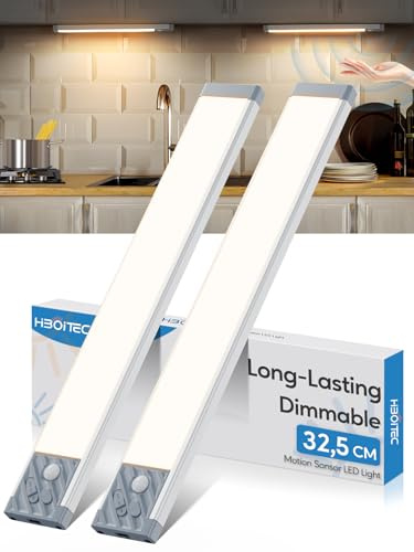 HIBOITEC 2500mAh Led Cocina Bajo Mueble, Luz Led Con Sensor de Movimiento-32,5CM 70LED Luz Armario, Regulable Tira Magnética Adhesiva Luce para Cocina, Armario, Escalera, Pasillo (Luces Cálidas)